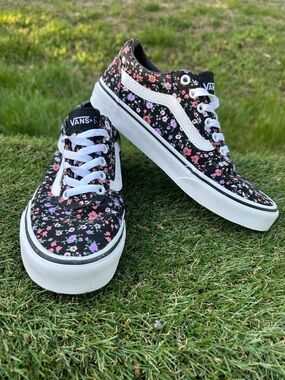 Vans Old Skool Sneakers - Women's US 8, - Floral Black with Pink/Purple Flowers